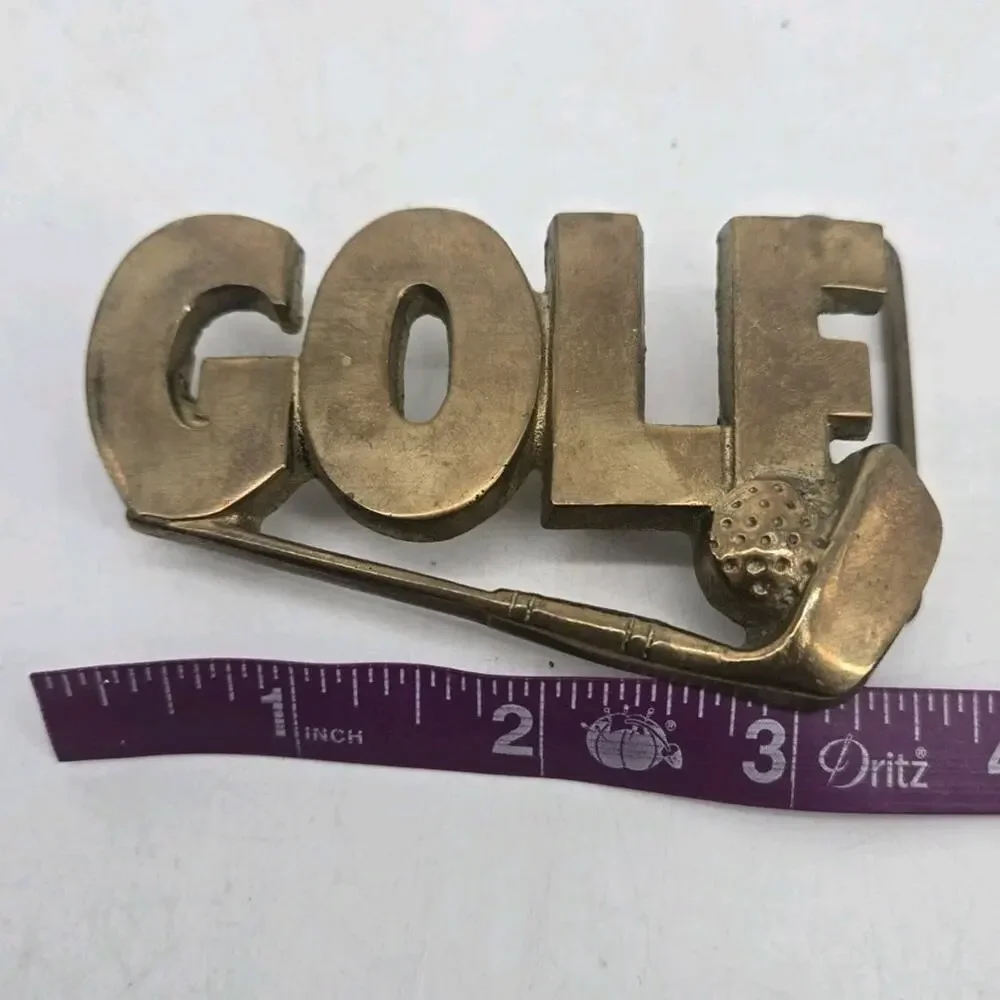 Vintage GOLF Word Art Belt Buckle Brass R.O.C. Golfing Golf Club Ball